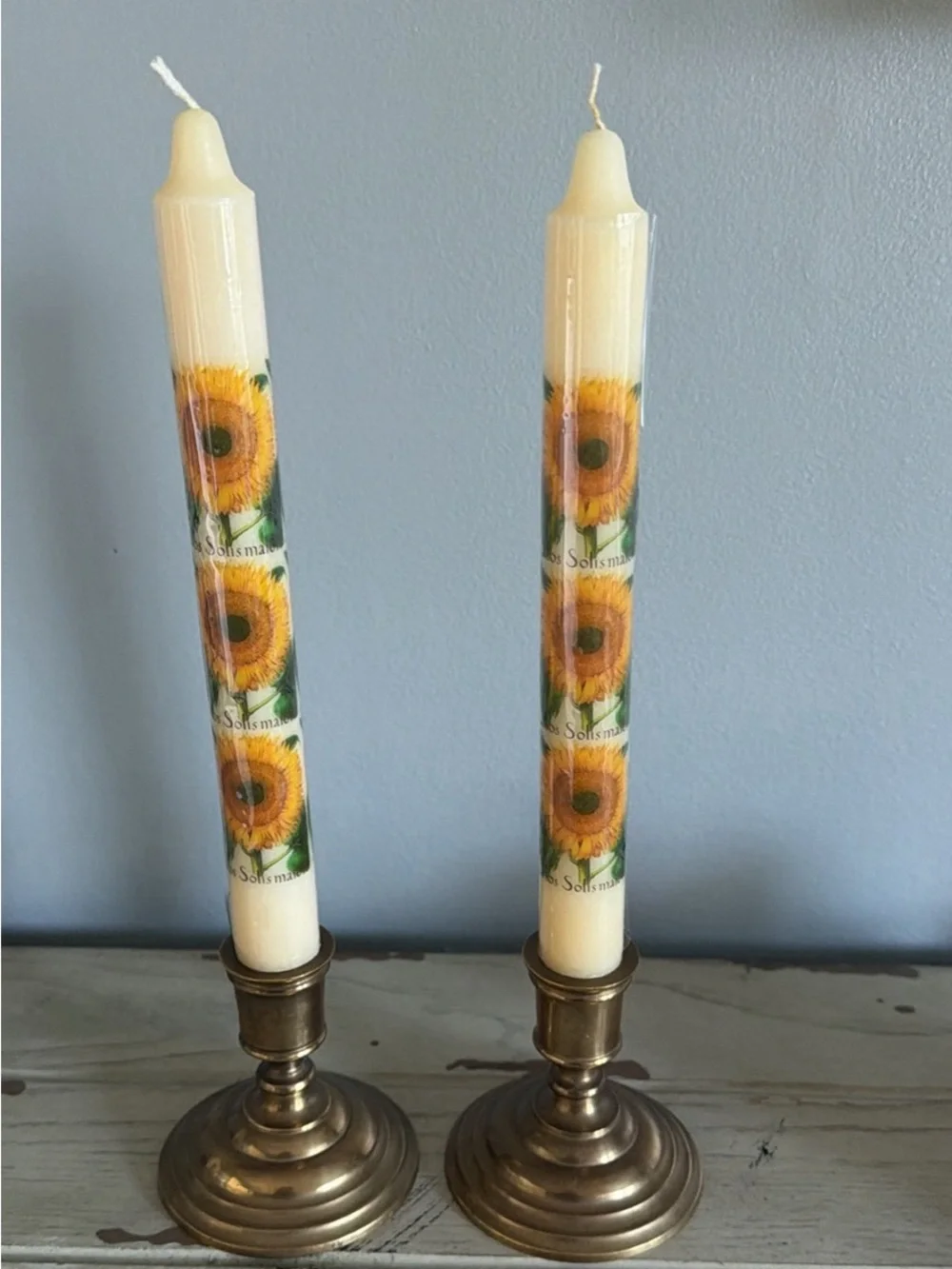 Sunflower Decorative Taper Candles w/Vintage Brass holders- Set of 2